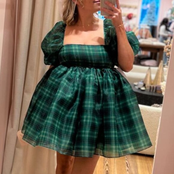 Selkie The Beth Plaid Puff Mini Dress Small Green Checks - Picture 2 of 13